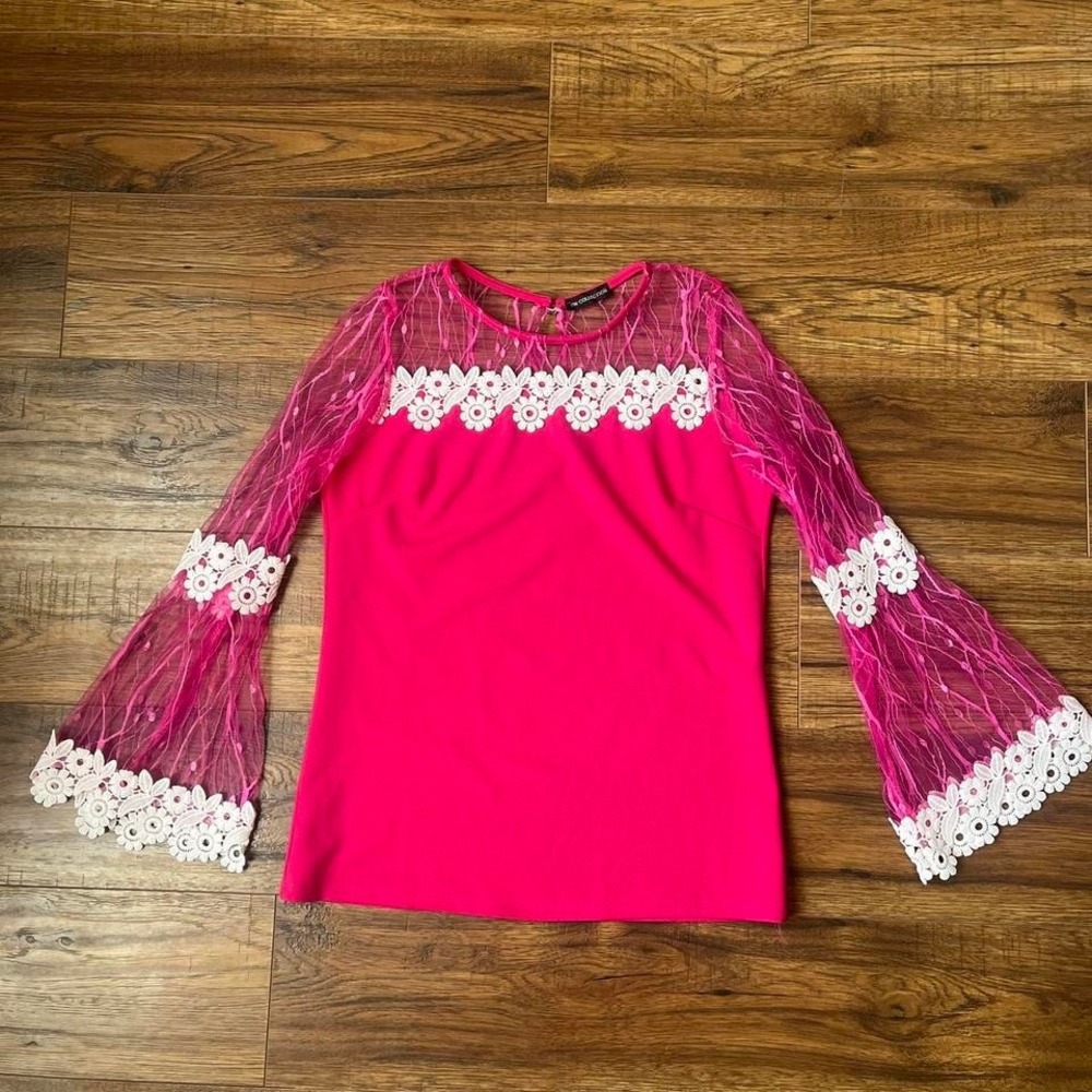 Y2K Pink Blouse Sheer Mesh Crochet Floral‎ Sleeves Women Small Coquette Bratz